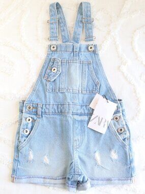 Zara | Distressed Cuffed Denim Jean Shortalls Short Overalls Romper Size 7 122cm